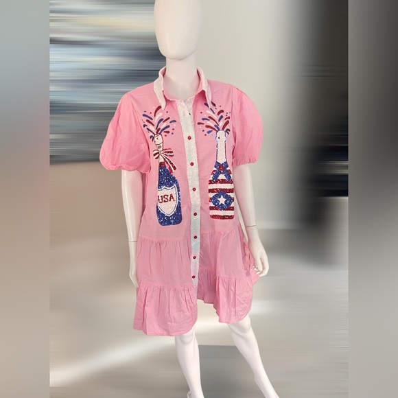 FANTASTIC FAWN pink puff sleeve patriotic dress S M L - Picture 7 of 11